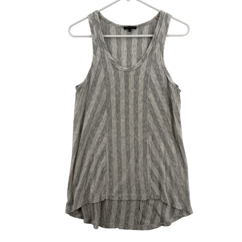Theory Tank Top Womens Medium Gray Striped Tencel‎ Blend Scoop Neck Made in USA